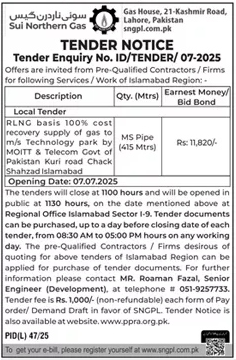 Sui Northern Gas Limited Lahore Tender Notice